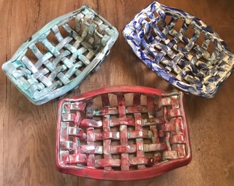 Woven Clay Basket with handles-bread warmer-aerated fruit bowl-blue/green home decor-centerpiece-pottery bread baker