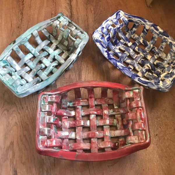 Woven Clay Basket with handles-bread warmer-aerated fruit bowl-blue/green home decor-centerpiece-pottery bread baker