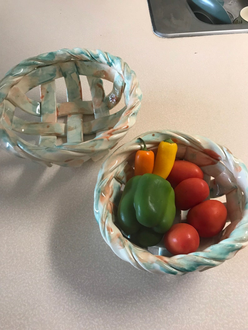 Woven pottery bowl-bread warmer-bread baker-fruit bowl-centerpiece-home decor image 7