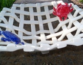 Woven ceramic basket with red and blue crabs fruit bowl bread warmer centerpiece home decor