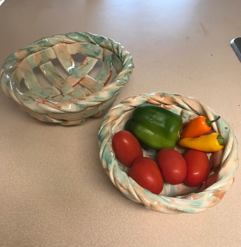 Woven pottery bowl-bread warmer-bread baker-fruit bowl-centerpiece-home decor image 1