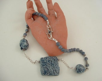 Textured Denim Necklace-handcrafted clay beads-blue coral beads-sterling siver clasp with howlite bead-statement necklace