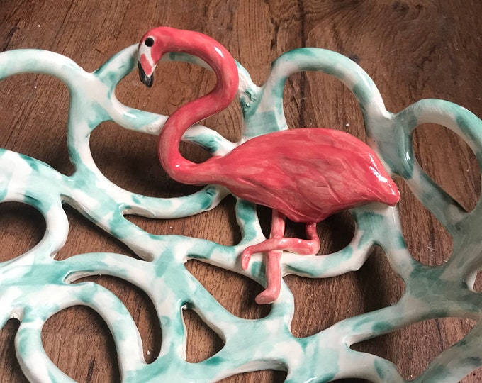 Pink Flamingo- kitchen decor-fruit bowl- bread basket- whimsical home decor