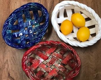 Woven Clay Basket - fruit bowl- bread warmer- baker -home decor- functional ceramic basket