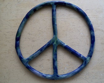 Peace Sign wall art home decor sculpture ceramic trivet blue green