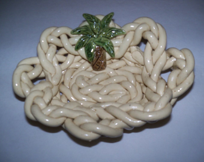 Pottery bowl, braided clay with palm tree-home decor-fruit bowl-bread warmer-soap dish-ceramic bread basket