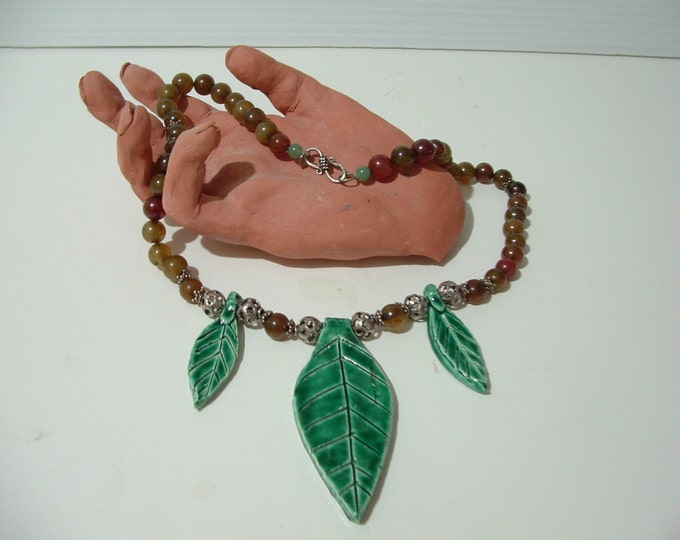 Leafy green statement necklace ceramic leaves with sterling silver amber jade acccents