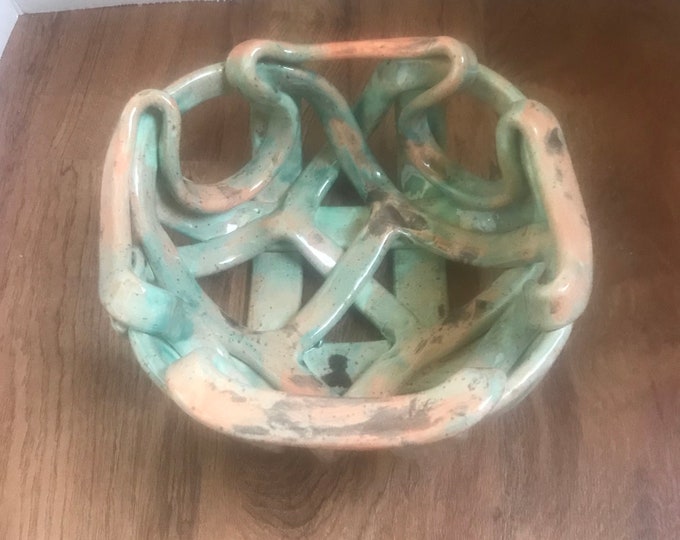 Ceramic Fruit Bowl- bread warmer-pottery red aqua- modern- home decor-open work pottery-aerated fruit bowl