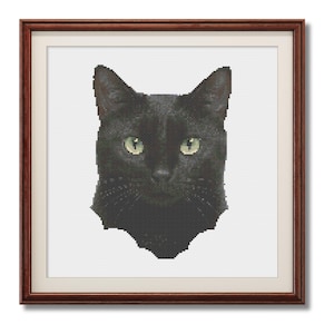 May include: A framed cross-stitch portrait of a black cat with green eyes. The cat's face is centered in the frame, showcasing its dark fur and detailed features. The frame is a dark brown color.