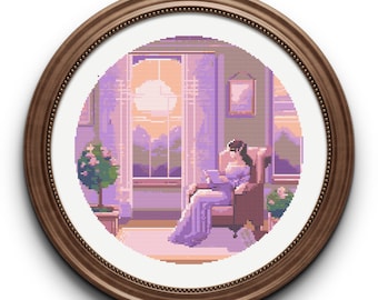 Schema punto croce "Ragazza che legge": decorazione per la casa in viola pastello (download digitale)