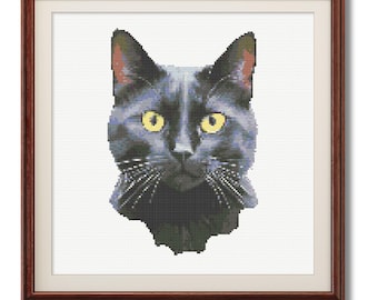 Kruissteekpatroon zwarte kat portret (digitale download)