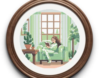 Schema punto croce "Ragazza che legge": decorazione per la casa verde pastello (download digitale)