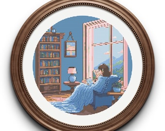 Schema punto croce "Ragazza che legge": decorazione per la casa in colori pastello (download digitale)