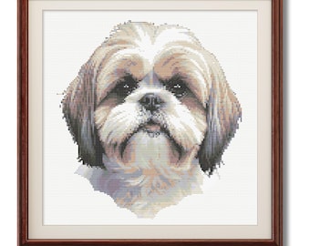 シーズーのクロスステッチパターン：金と白の犬のデザイン（PDF