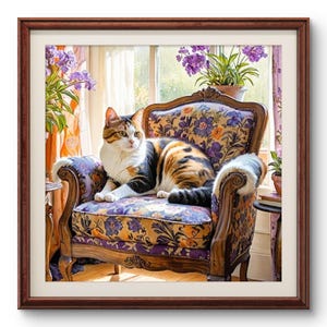 Puede incluir: Un gato calico sentado en un sillón con estampado floral con una ventana en el fondo. El sillón es de madera y tiene un ribete de piel blanca. El gato está mirando hacia la izquierda de la imagen.