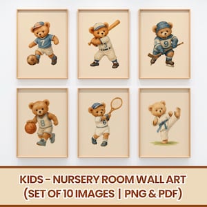 Vintage Teddy Bear Sports Wall Art for Boys Room | Watercolor Nursery Decor | Printable Digital Download PDF PNG | Kids Room Art Prints