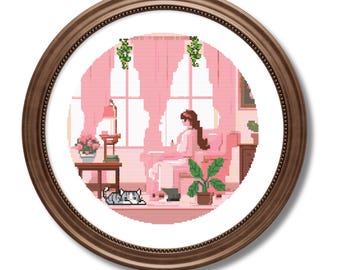 Schema punto croce Cozy Girl: scena rilassante in casa (download digitale)