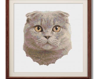 スコティッシュフォールド猫の水彩クロスステッチパターン - デザイン