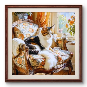 May include: A calico cat sits in a floral patterned armchair with a white fur throw. The cat is looking out a window with a teacup and saucer on the armrest.