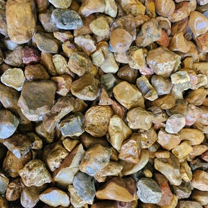May include: A close-up of a pile of small, smooth, brown, tan, and gray stones. The stones are various shapes and sizes, and some have a slight sheen.