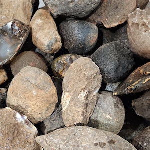 May include: A collection of smooth, gray, brown, and black stones. The stones are various shapes and sizes.