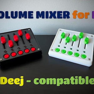 May include: Two volume mixer devices for PC, one black with red sliders and buttons, and one white with green sliders and buttons. Each unit features five vertical sliders and five circular buttons. The text reads VOLUME MIXER for PC and Deej - compatible.