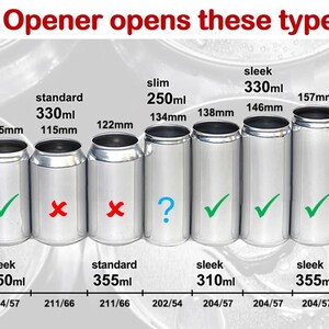 May include: Image showing various aluminum can sizes with measurements in millimeters and milliliters. The text "MINI Can Opener opens these types of cans" is at the top. Some cans have check marks, others have X marks, and one has a question mark.