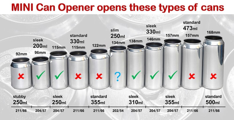 May include: Image showing various aluminum can sizes with measurements in millimeters and milliliters. The text "MINI Can Opener opens these types of cans" is at the top. Some cans have check marks, others have X marks, and one has a question mark.