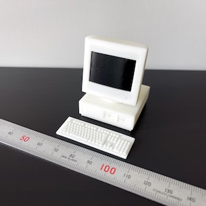 Dollhouse Miniature Vintage Desktop computer with CRT monitor and keyboard.