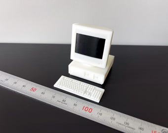 Dollhouse Miniature Vintage Desktop computer with CRT monitor and keyboard.