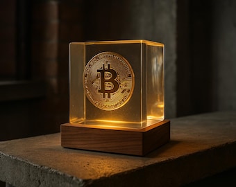May include: A clear glass cube with a glowing light inside, displaying a gold-colored Bitcoin symbol. The cube is on a wooden base.