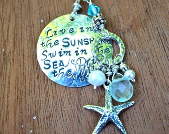 Live in the Sunshine. Swim in the Sea. Drink the Wild Air. Sterling Silver hand Stamped Charm Necklace. Starfish, mermaid, Pearls & crystals