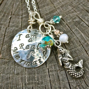 I Am a Real Mermaid Necklace / Hand Stamped Sterling Silver with Mermaid Charm/ Beach Lover image 1