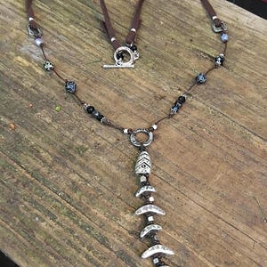 BoneFish Knotted Leather/Suede Y Necklace / Choker Worry fish, prosperity, lucky, Boho chic, segmented fish, handmade mermaid style