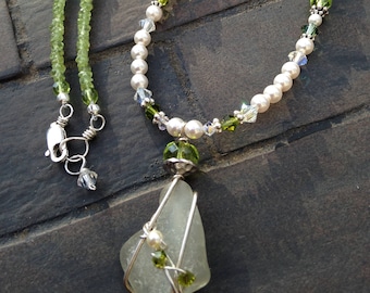 Sea Lily Genuine Sea Glass Necklace features Sea Glass Pendant, freshwater pearls & semiprecious stone, mermaid beach lover - Wire Wrapped