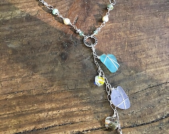 Sea Glass Y-Chain Necklace with hand-wrapped authentic beach glass, pearls and crystal- mermaid tears - mermaid jewelry