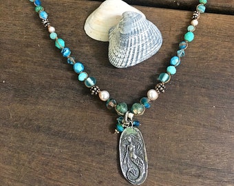Mermaid / Goddess Hand-Knotted Necklace with semi-precious stones, pearls & crystals. Beach style, knotted silk, Blues , Tranquility, Peace