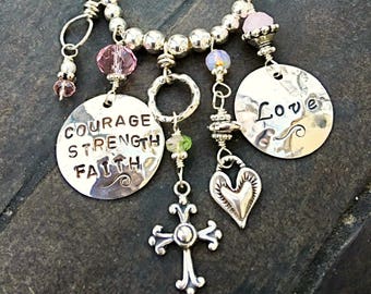 Courage, Strength, Faith & Love Hand Stamped Disc Necklace w Iridescent Czech Glass, Charms -Made w healing energy, hope ~ Mermaid jewelry