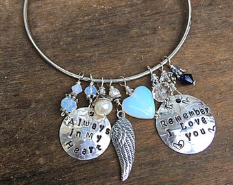 Always In My Heart - Remember I Love You - Bangle Bracelet - Memorial Loss Grief Love - Hand Stamped Sterling Discs with heart & Angel wing