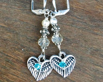 Mermaid Memorial Earrings in honor of someone who passed away. Featuring angel wing/heart charms & birthstones - grief loss