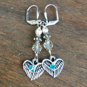 Mermaid Memorial Earrings in honor of someone who passed away. Featuring angel wing/heart charms & birthstones grief loss image 1