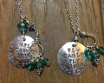 EAGLES  Hand Stamped Sterling Silver Necklace-  Reads: Fly EAGLES Fly - NFL Champions 2018 -  Fan Necklace, Green beads, Maybe personalized