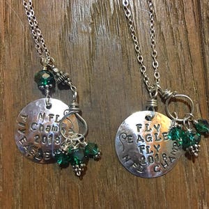 EAGLES  Hand Stamped Sterling Silver Necklace-  Reads: Fly EAGLES Fly - NFL Champions 2018 -  Fan Necklace, Green beads, Maybe personalized