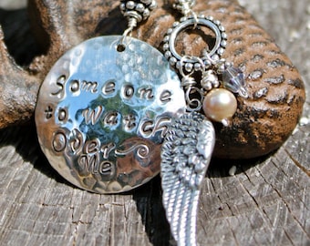 Memorial Necklace- Someone to Watch Over Me Charm - Sterling Silver Angel Wing, Heart, Birthstone