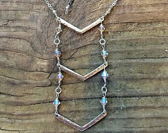 Classic Chevron Ladder Hand-Linked Bohemian Bronze Mermaid Geometric Necklace w Dainty Celestial Style, Handmade w Positive Energy