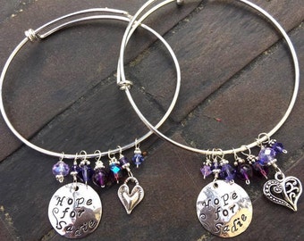 The Hope for Sadie Bangle Bracelet~Hand-Stamped Disc heart charm & Purple for SMA awareness~ hand-stamped sterling silver disc heart charm