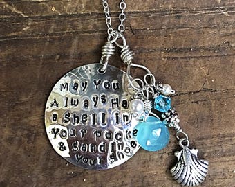 NEWER VERSION: Shell in Your Pocket Hand-Stamped Sterling Silver Necklace with Sea Shell Charms- Mermaid style- beach lover-