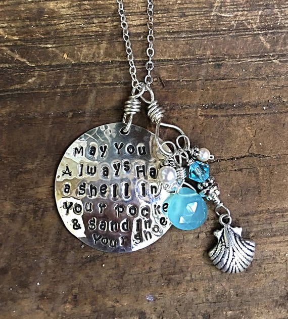Hand Stamped Sterling Silver Necklace with Shell Charm: Freshwater Pearls, Beach Jewelry