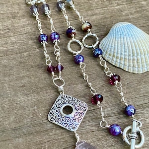 Amethyst Power of Light Wire Wrapped Sterling Silver Necklace with Hand Stamped Spirals - Mermaid Jewelry