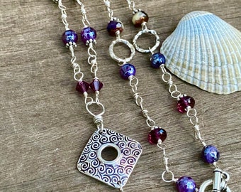Amethyst Power of Light Wire Wrapped Sterling Silver Necklace with Hand Stamped Spirals - Mermaid Jewelry